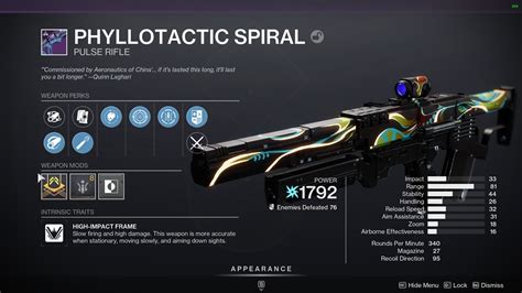 Aug 1, 2023 · Trait 1: Keep Away Trait 2: Voltshot or Kill Clip The Phyllotactic Spiral PvE god roll doesn’t look much different from the PvP one because the perks you want to keep the gun’s kick in check and make it lethal at its intended ranges are the same. The main consideration is damage and subclass synergy. . 