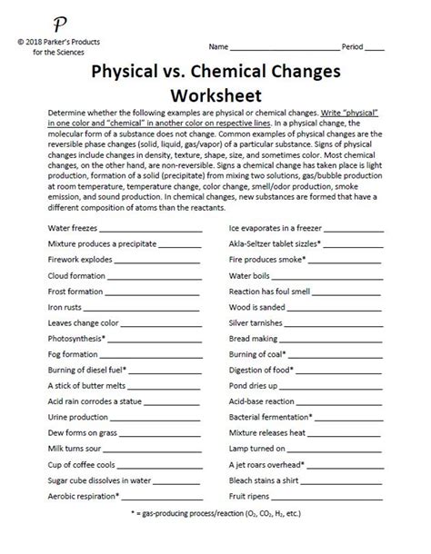 Physical Changes versus Chemical Reactions Classification Worksheet