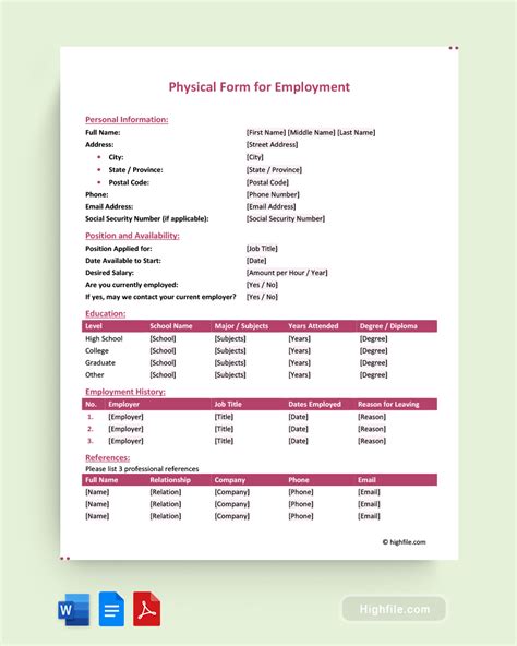 Physical Form for Employment Word PDF Google Docs Highfile