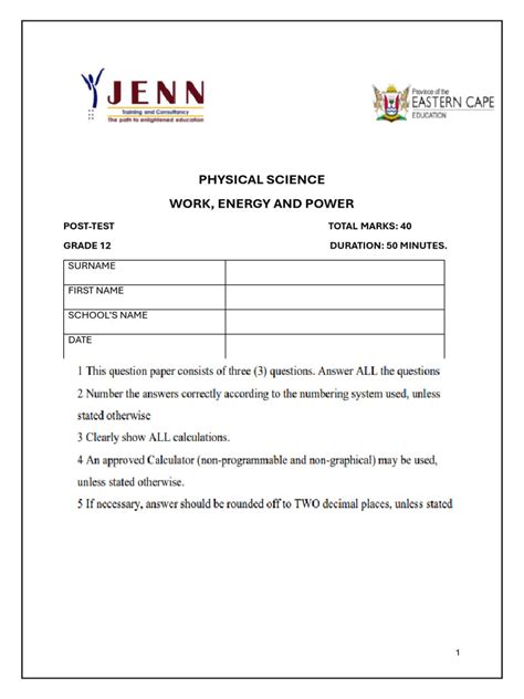 Physical Science Post Test Answers