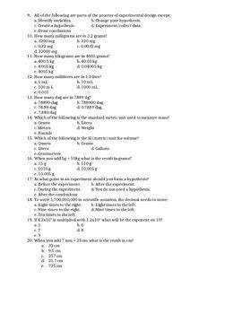 Physical Science Unit 1 Test Answer Key