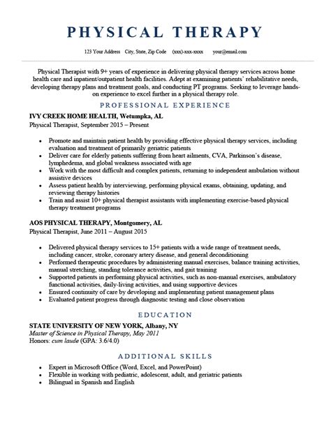 Physical Therapy Resume Example Writing Tips
