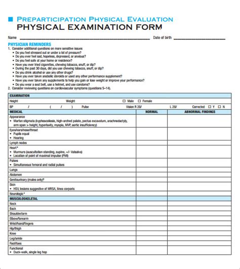 Physical exam template in Word and Pdf formats