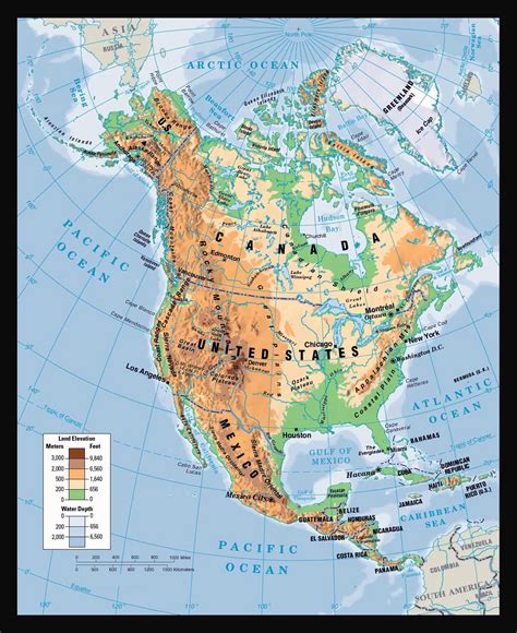 Physical map of north america. North America's physical geography, environment and resources, and human geography can be considered separately. North America can be divided into five physical regions: the mountainous west, the Great Plains, the Canadian Shield, the varied eastern region, and the Caribbean. Mexico and Central America's western coast are connected 