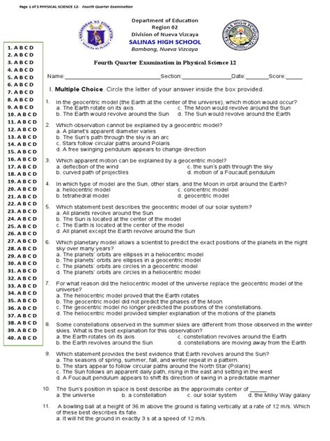 Physical science 4th quarter exam answer key.  The document It contains multiple ...