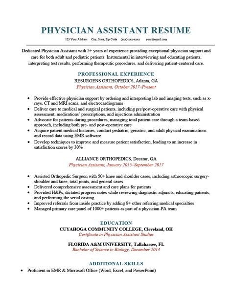 Physician assistant resume. 5 days ago · A physician assistant with strong soft skills can foster patient trust and satisfaction. For instance, good communication skills keep the patient informed and at ease, while solid medical knowledge and procedural skills ensure the patient receives competent care. Empathy adds a human touch, making the patient feel genuinely understood and cared ... 