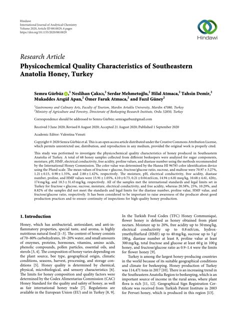 Physicochemical Quality Characteristics of Southeastern Anatolia …