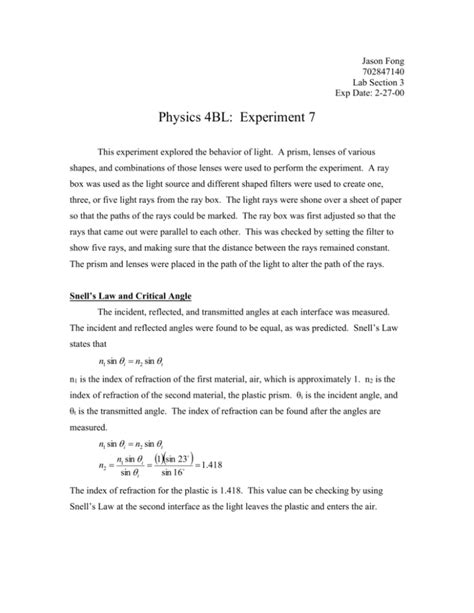 View Lab Report - Physics 4BL Lab 6 from PHYSICS 4BL at University of California, Los Angeles. Physics 4BL Experiment 6: Diffraction and Interference Name: Nikhil Chowdri Date: 20th May, 2015 Lab. 