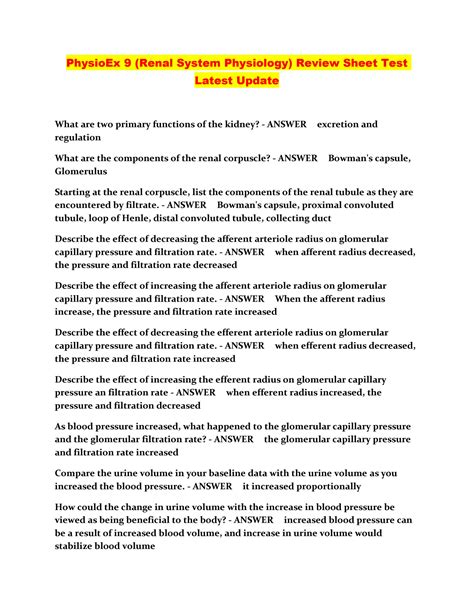 PhysioEx 9 (Renal System Physiology) Review Sheet