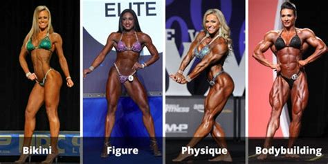 Physique competition female.  Each division emphasizes different levels of conditioning, ...