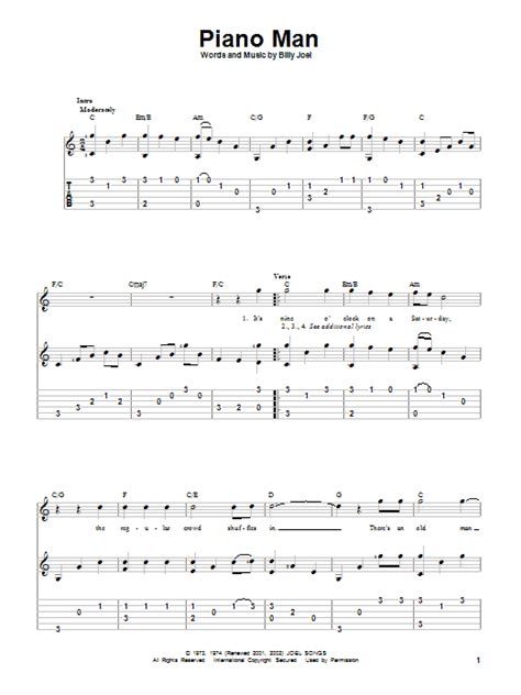 Piano man guitar tab. C Sing us a Em/B song, you're the Am piano man C/G. F Sing us a C/E song to D7 night G. Well, we're a C ll in the Em/B mood for a m Am elody C/G. And y F ou've got us G11 feelin'alrig C ht F/C Cmaj7 G11. Now john at the bar is a friend of mine. He gets me my drinks for free. And he's quick with a joke or to light up your smoke. 