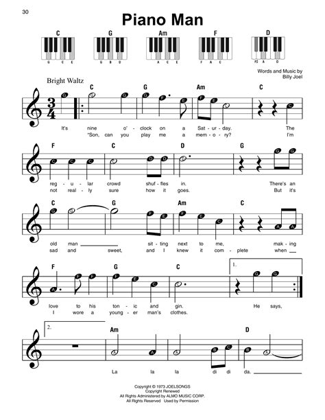 Piano man sheet music. Piano Man - Presentation. “Piano Man” is an iconic song by American artist Billy Joel, released in 1973. It tells the story of a bar pianist who plays for customers who want to escape their daily lives for a few moments. With its catchy melody and memorable chorus, this song has become one of Billy Joel’s best known and most beloved. 