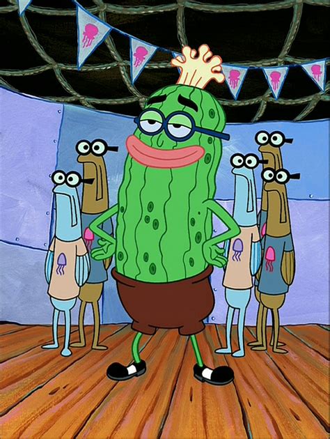 Pickle in spongebob. Role. He is first seen answering questions for the crowd of the Bi-Annual Jellyfish Convention.He is revealed to be the leader of the jellyfishing club, the Jellyspotters, which he later admits to have joined only for the fashion. He reckons SpongeBob is a nerd when his club members are mostly nerds.. He tells SpongeBob that the way to find a queen … 