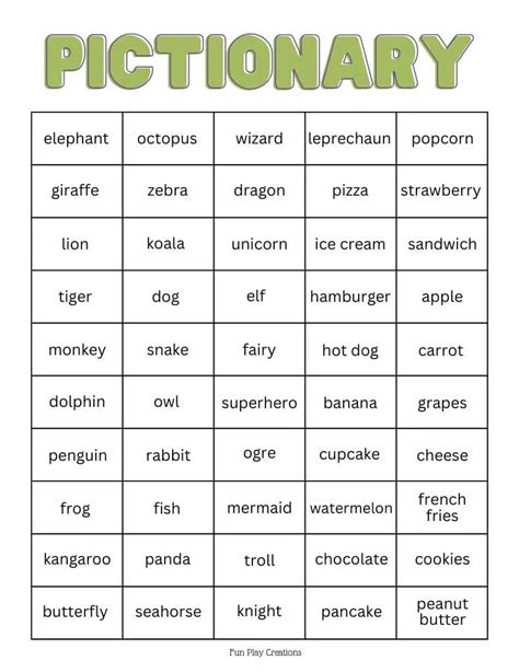 Pictionary Word List Printable