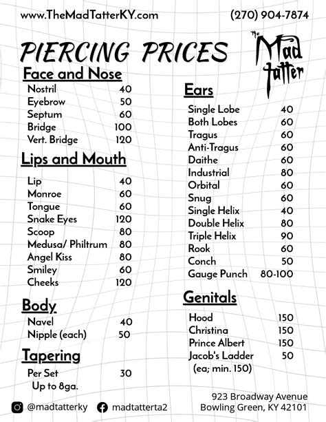 Piercing Price List