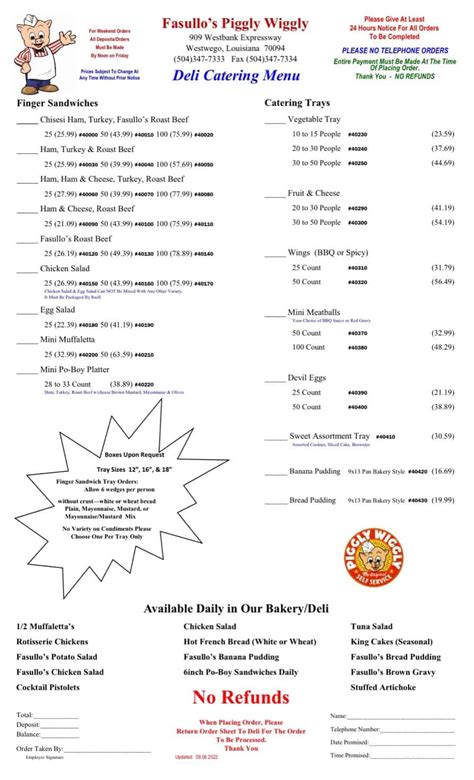 Piggly wiggly catering menu. Store Address: 4400 67th Drive, Phone Number: 262-878-2454 