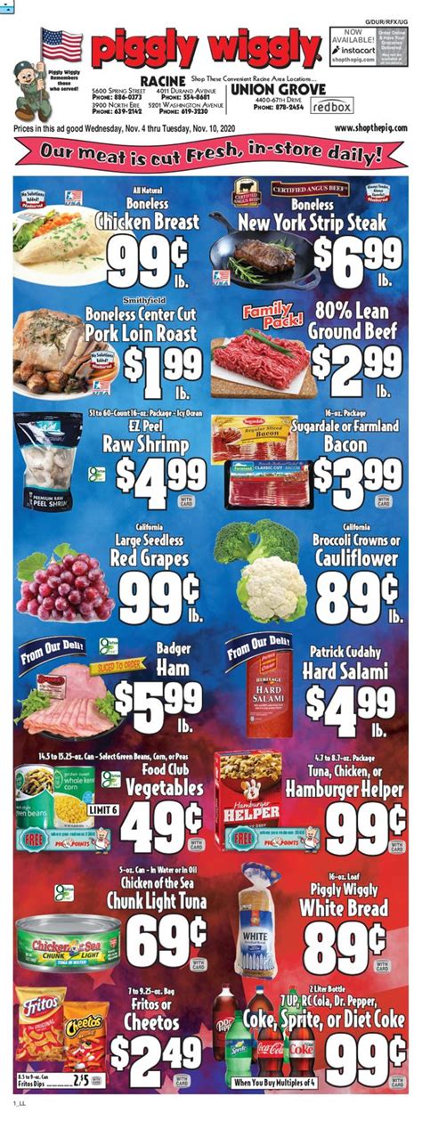 Weekly Flyer; Shopping List; Coupons; ... Street 4011 Durand Road City Racine , State WI Zip Code 53405 ... Piggly Wiggly Rewards Card; Terms and Conditions; Food.