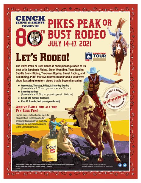 Pikes peak or bust rodeo. The 80th annual Pikes Peak or Bust Rodeo takes place at the Norris-Penrose Event Center once again from July 14th to the 17th, 2021. Colorado Springs is the focal point for World Champions and rising stars in their quest for the World Championship title. Since 1946, proceeds of the Pikes Peak or Bust Rodeo have been used to benefit local 