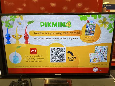 Pikmin 4 in store demo qr code. This unique in-game costume cannot be obtained through any other means. To secure this reward, players need to complete the Pikmin 4 demo and follow these steps: Once you have finished the demo, you’ll be presented with an option to ‘Send’ or ‘Don’t Send’ information. Select ‘Send’. If you previously selected ‘Don’t Send ... 