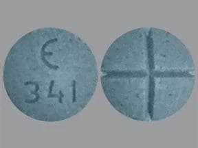 Pill 341 blue. 10 mg: Blue, round biconvex tablets, debossed “ є ” above “ 341 ” on one side and quadrisect on the other side. They are available in bottles of 100 tablets (NDC 42806-341-01) 15 mg: Pink, oval-shaped tablets, debossed " є343" on one side and a full and partial bisect on the other side. They are available in bottles of 100 tablets ... 