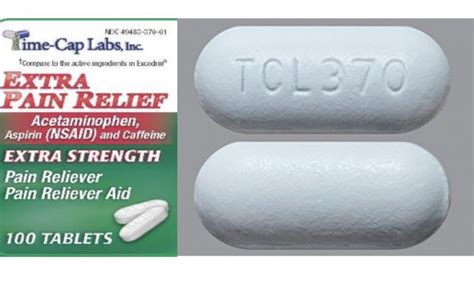 Pill tcl 370. TCL 370 . Extra Pain Relief Strength acetaminophen 250 mg / aspirin 250 mg / caffeine 65 mg Imprint TCL 370 Color White Shape Capsule ... All prescription and over-the-counter (OTC) drugs in the U.S. are required by the FDA to have an imprint code. If your pill has no imprint it could be a vitamin, diet, herbal, or energy pill, or an illicit or ... 