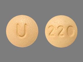 Pill with u 220. Pill Imprint 220. This blue elliptical / oval pill with imprint 220 on it has been identified as: Naproxen 220 mg. This medicine is known as naproxen. It is available as a prescription and/or OTC medicine and is commonly used for Ankylosing Spondylitis, Aseptic Necrosis, Back Pain, Bursitis, Chronic Myofascial Pain, Costochondritis, Diffuse ... 
