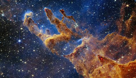 The NASA/ESA/CSA James Webb Space Telescope has captured a lush, highly detailed landscape – the iconic Pillars of Creation – where new stars are forming within dense clouds of gas and dust. The three-dimensional pillars look like majestic rock formations, but are far more permeable. These columns are made up of cool interstellar …. 