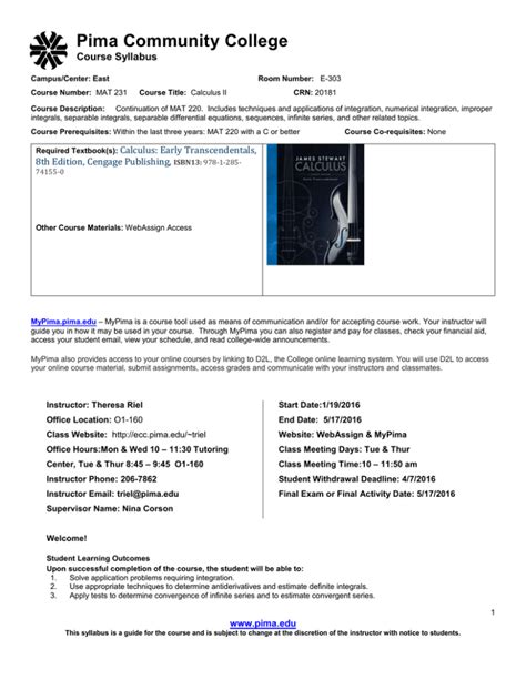 Pima Community College Course Syllabus