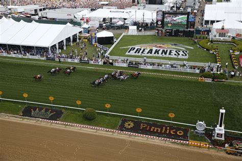 Pimlico race course. Thoroughbred horse racing is one of the oldest sporting events in America. The Preakness Stakes was founded in 1873, held on the third Saturday in May each year at Pimlico Race Course in Baltimore, Maryland. The race is one leg of the prestigious American Triple Crown. 