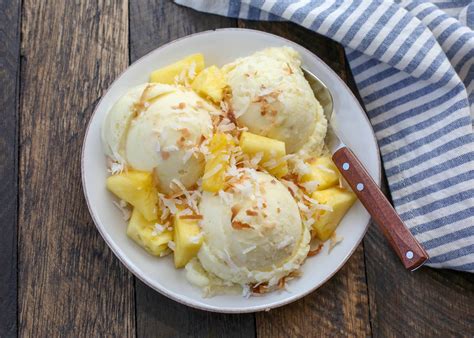 Pina colada ice cream. ** For a virgin Piña Colada that serves 2 add 2 cups frozen pineapple, 2 cups ice, 3 oz Coco Lopez, 4 oz pineapple juice, 2 oz lime juice to a high speed blender. Starting on low blend for 10 seconds, slowly turn the blender to high until all ingredients are fully blended. 