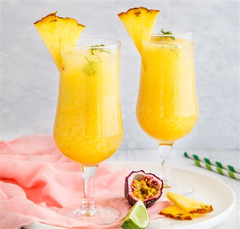 Pineapple mocktail. Method. Combine 2 cups chilled pineapple juice, ½ cup passionfruit pulp, 2 cups crushed ice, 1 thinly sliced pink-skinned apple, ½ peeled, thinly sliced pineapple and ²⁄³ cup mint leaves in a large jug. Stir to combine. Top with chilled lemonade and serve. Chantal Walsh. 