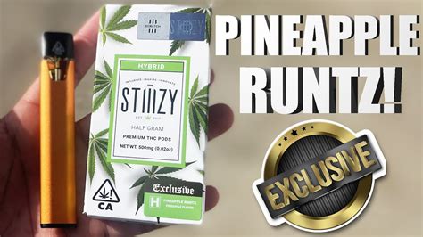 Pineapple runtz stiiizy review. STIIIZY Barstow featured our very first limited edition OG pod drop, Pineapple Runtz. Only available in half gram sizes, this featured limited exclusive packaging and was only available at the Barstow grand opening. The early birds received a STIIIZY Bong and etched battery. We also raffled out prizes, offered storewide deals and … 