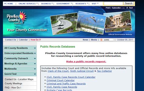 Pinellas County 6th Judicial Circuit Courts, Florida. Search online court records for free in Clearwater Branch Office - County Court by case number, case name, party, attorney, judge, docket entry, and more. Filter cases further by date of filing, case type, party type, party representation, and more. With UniCourt, you can access cases online .... 