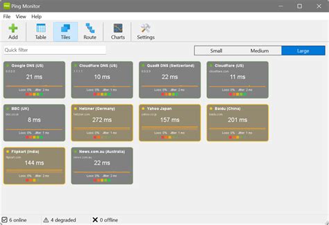Ping monitor.  Share the evidence.  Table, tile and route trace views.  Navigate ...