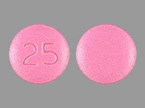 Pink 25 pill. Enter the imprint code that appears on the pill. Example: L484; Select the the pill color (optional). Select the shape (optional). Alternatively, search by drug name or NDC code using the fields above. Tip: Search for the imprint first, then refine by color and/or shape if you have too many results. 