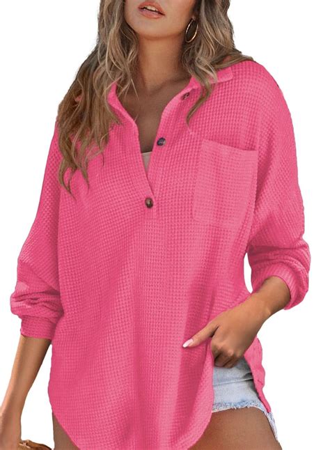 Pink Queen Womens Waffle Knit Henley Shirts Long Sleeve Shirt Tops V