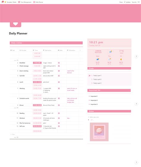 Pink Time ManagementDaily Weekly PlannerNotion template Notion Time