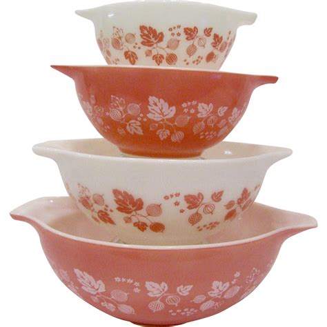 Pink gooseberry cinderella bowls. Then, in a state of insomnia last night, I had to rub my eyes at 1 a.m. to make sure I was seeing this listing right - Set of Nested Mixing Bowls, Pyrex, Pink ... 