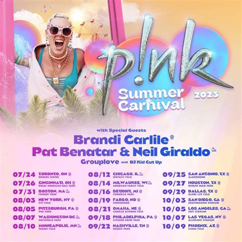 Pink official website tour dates. General tickets will be available from Pink's official website from January 26, 2024, at 10:00 a.m. local time. ... Pink extended Summer Carnival Tour 2024 new dates. Pink has been on her Summer ... 