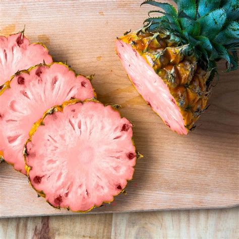 Pink pineapple. Pink Pineapple, also known as the "Rose Gold" variety, is a genetically modified strain of the regular pineapple. The modification was made by Del Monte Fresh Produce in 2005 by adding an additional gene that regulates the production of enzymes responsible for producing pigments. 