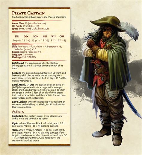 Pirates are bandits of the high seas. They might be freebooters interested only in treasure and murder, or they might be privateers sanctioned by the crown to attack and plunder an enemy nation's vessels. Actions Scimitar : Melee Weapon Attack: +3 to hit, reach 5 ft., one target. Hit: 4 (1d6 + 1) slashing damage.. 