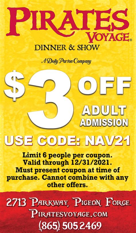 Treat yourself to huge savings with Dolly Parton Pirates Voyage Coupons: 1 promo code, and 13 deals for April 2024. Follow . Visit Site . Submit Coupon . All 14. Codes 1. Deals 13. Dolly Parton Pirates Voyage ... Military Discount; Buy One Get One Free; Free Shipping Codes; Printable Coupons; Free Trial Offers; First Responder Discount; Hot .... 