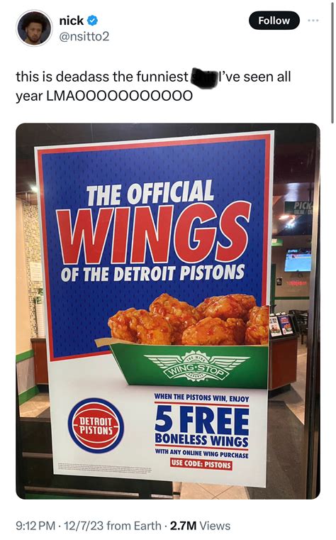 Dec 8, 2023. NBA News & Media. Detroit Pistons. Wingstop is the "Official Wings" of the Detroit Pistons, and one of the company's promotional campaigns has recently gone …. 