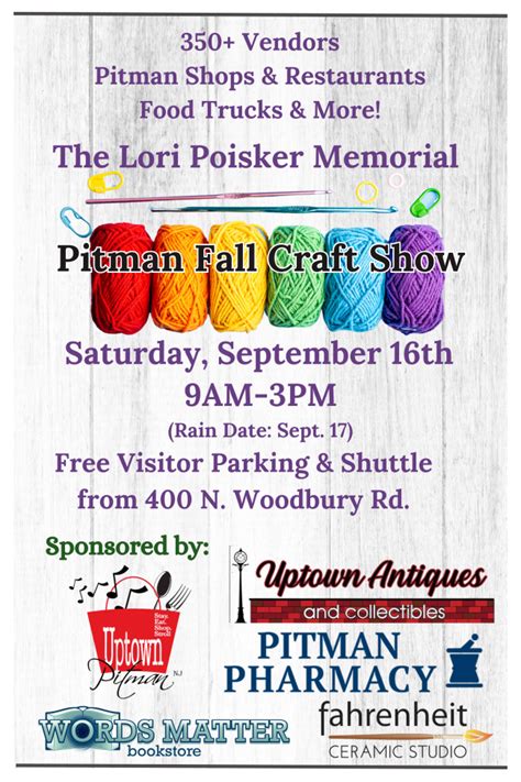 Pitman craft fair fall 2023. Pitman Fall Craft Show. Time & Location. Sep 21, 2024, 9:00 AM – 3:00 PM. Pitman, Pitman, NJ 08071, USA. Share this event. 2024 Pitman Craft Shows Sponsored by the … 