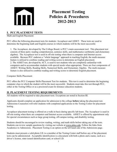 Pitt Study Test Placement Community College Guide