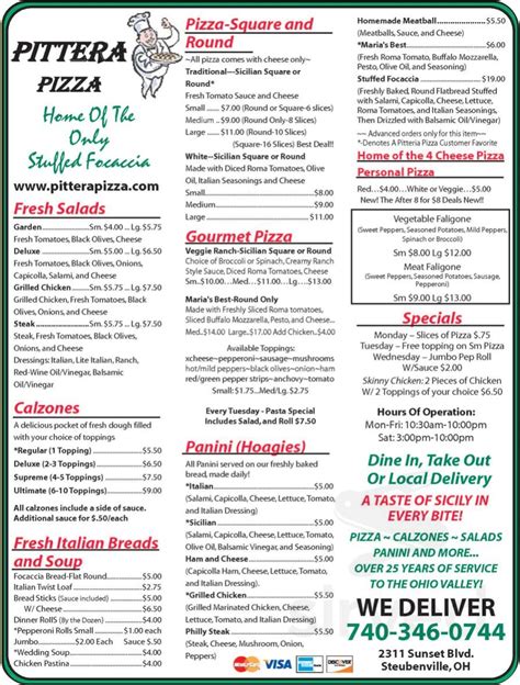 Pittera pizza steubenville oh. Location and Contact. 4187 Sunset Blvd. Steubenville, OH 43952. (740) 264-4978. Website. Neighborhood: Steubenville. Bookmark Update Menus Edit Info Read Reviews Write Review. 