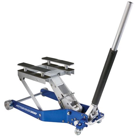 The Pittsburgh 1500 lb. Aluminum ATV / Motorcycle Lift is made from high-strength lightweight aluminum and features a locking bar for added safety. Lift range from 3-5/8” to 19” (with included saddle extensions.) …. 
