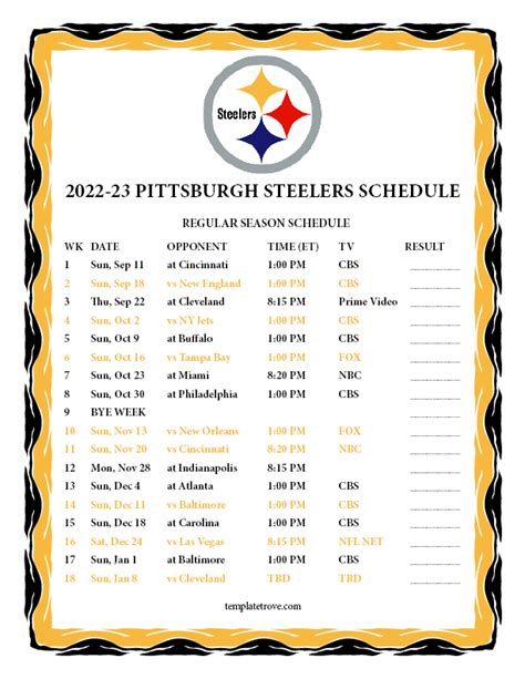Pittsburgh Steelers Schedule 2022 Printable