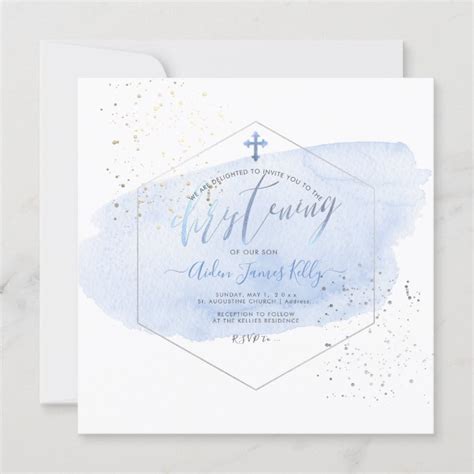 PixDezines Blue Watercolor+Honeycomb Christening Invitation