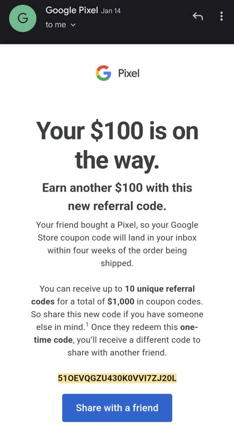 Pixel superfan referral code. Here's one for $50 Google Store coupon - I'll edit my comment once it's been used. Code: E1712TWNXL8RFAV2A2PUBVW. Rando__Mando • 9 hr. ago. 